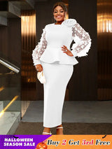 AOMEIDRESS Elegant Wedding Guest Dress Package Hip O Neck 3D Flower White / 0XL