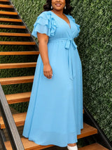 AOMEIDRESS Elegant Wedding Guest Dress V Neck Butterfly Sleeve Ruffle