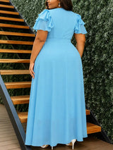 AOMEIDRESS Elegant Wedding Guest Dress V Neck Butterfly Sleeve Ruffle