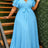AOMEIDRESS Elegant Wedding Guest Dress V Neck Butterfly Sleeve Ruffle - LightBlue / L