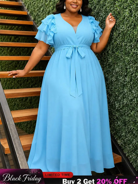 AOMEIDRESS Elegant Wedding Guest Dress V Neck Butterfly Sleeve Ruffle - LightBlue / L