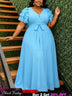 AOMEIDRESS Elegant Wedding Guest Dress V Neck Butterfly Sleeve Ruffle - LightBlue / L