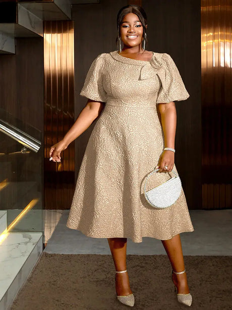 AOMEIDRESS Elegant Wedding Guest Dresses Jacquard A Line 3D Flower Khaki / S