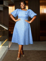 AOMEIDRESS Elegant Wedding Guest Dresses Jacquard A Line 3D Flower LightBlue / S