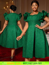 AOMEIDRESS Elegant Wedding Guest Dresses Jacquard A Line 3D Ruffles DarkGreen / S