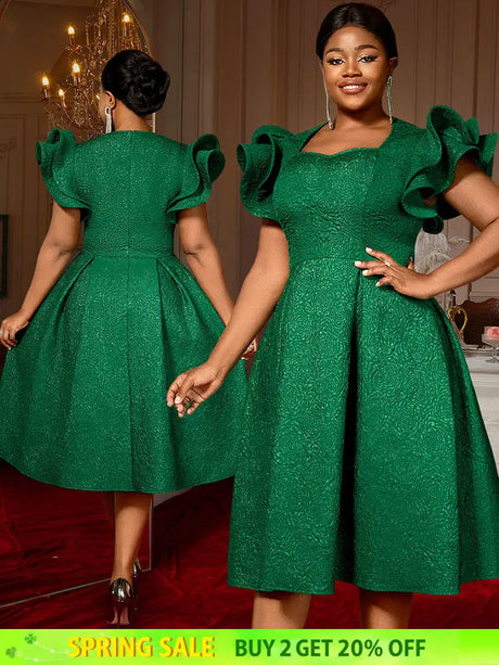 AOMEIDRESS Elegant Wedding Guest Dresses Jacquard A Line 3D Ruffles DarkGreen / S