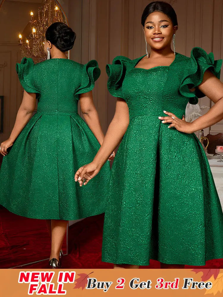 AOMEIDRESS Elegant Wedding Guest Dresses Jacquard A Line 3D Ruffles DarkGreen / S