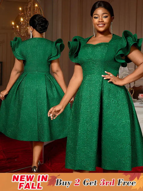 AOMEIDRESS Elegant Wedding Guest Dresses Jacquard A Line 3D Ruffles DarkGreen / S