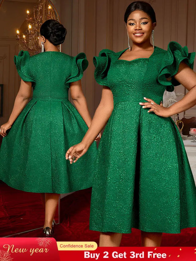 AOMEIDRESS Elegant Wedding Guest Dresses Jacquard A Line 3D Ruffles DarkGreen / S