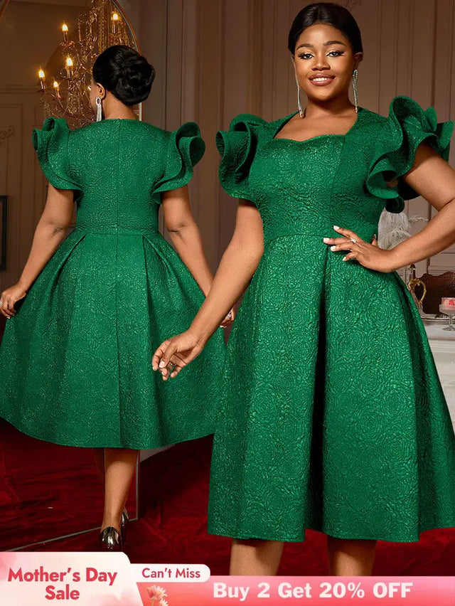 AOMEIDRESS Elegant Wedding Guest Dresses Jacquard A Line 3D Ruffles DarkGreen / S