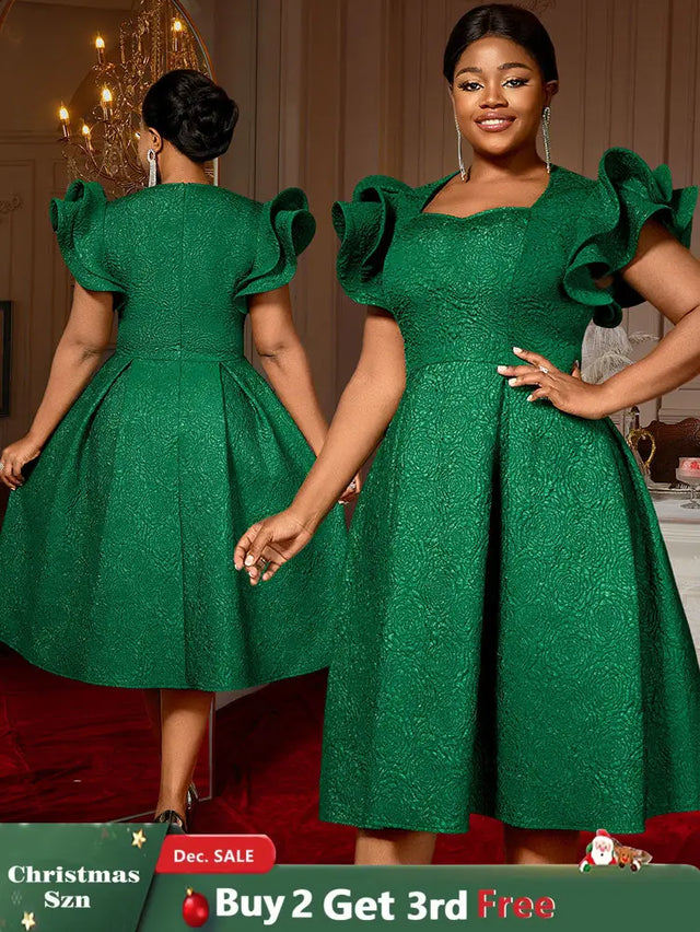 AOMEIDRESS Elegant Wedding Guest Dresses Jacquard A Line 3D Ruffles DarkGreen / S