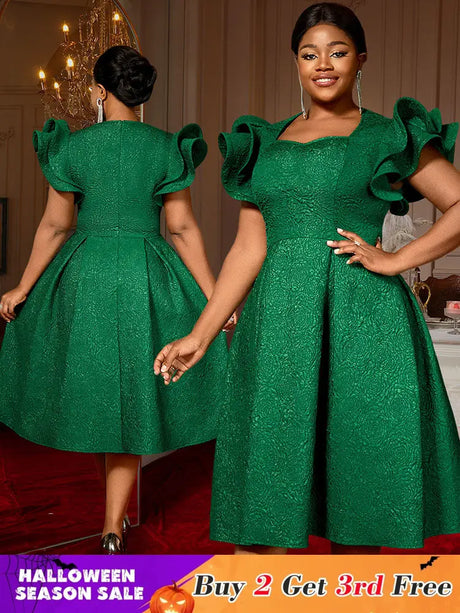 AOMEIDRESS Elegant Wedding Guest Dresses Jacquard A Line 3D Ruffles DarkGreen / S