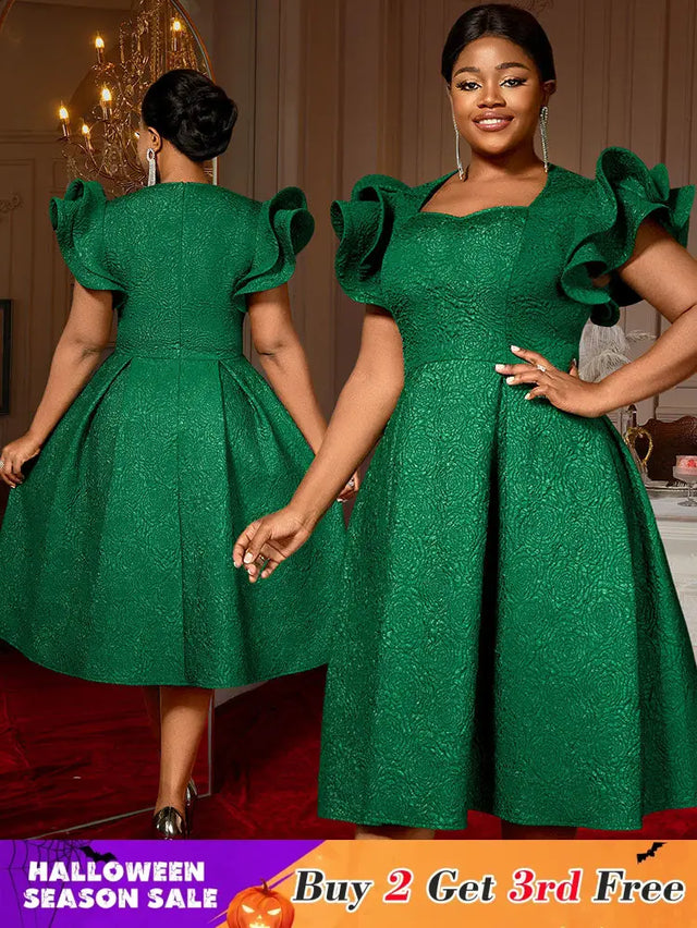AOMEIDRESS Elegant Wedding Guest Dresses Jacquard A Line 3D Ruffles DarkGreen / S
