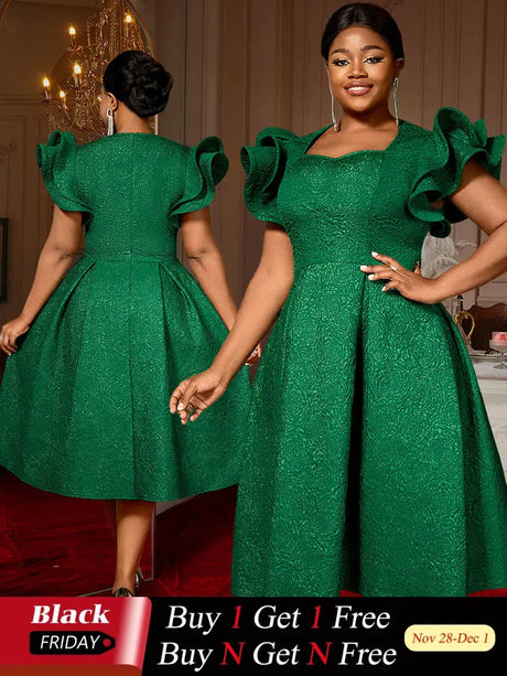 AOMEIDRESS Elegant Wedding Guest Dresses Jacquard A Line 3D Ruffles DarkGreen / S