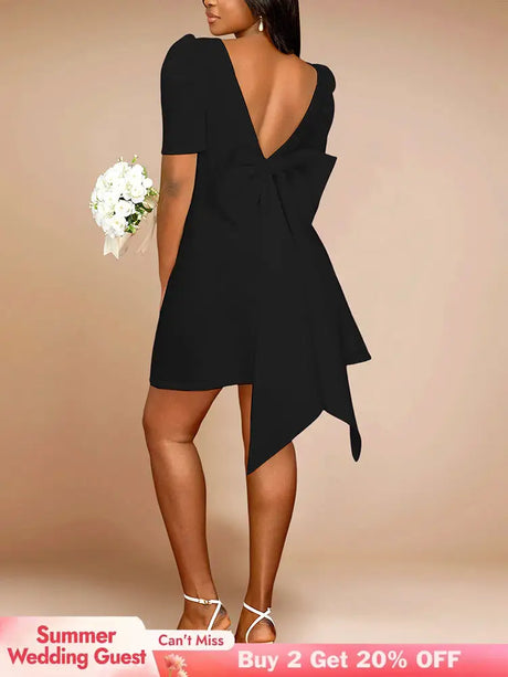 AOMEIDRESS Elegant Wedding Guest Mini Dresses Backless Bow Puff Sleeve Black / S