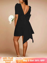 AOMEIDRESS Elegant Wedding Guest Mini Dresses Backless Bow Puff Sleeve Black / S