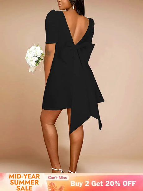AOMEIDRESS Elegant Wedding Guest Mini Dresses Backless Bow Puff Sleeve Black / S