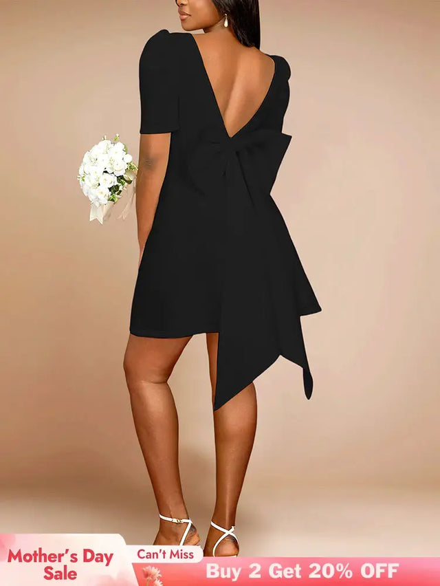 AOMEIDRESS Elegant Wedding Guest Mini Dresses Backless Bow Puff Sleeve Black / S