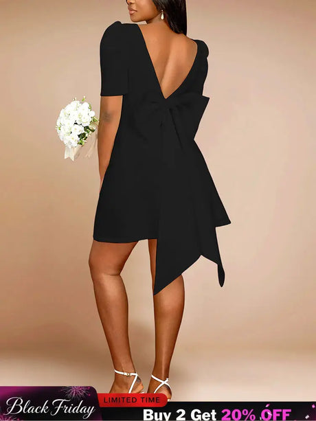 AOMEIDRESS Elegant Wedding Guest Mini Dresses Backless Bow Puff Sleeve Black / S