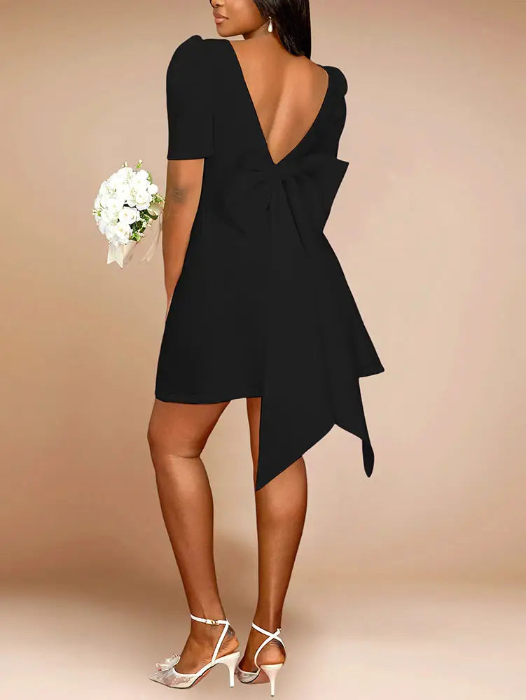 AOMEIDRESS Elegant Wedding Guest Mini Dresses Backless Bow Puff Sleeve Black / S