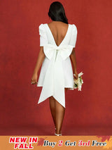 AOMEIDRESS Elegant Wedding Guest Mini Dresses Backless Bow Puff Sleeve White / S