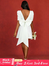 AOMEIDRESS Elegant Wedding Guest Mini Dresses Backless Bow Puff Sleeve White / S