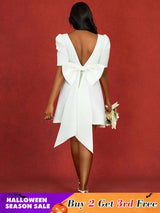 AOMEIDRESS Elegant Wedding Guest Mini Dresses Backless Bow Puff Sleeve White / S