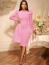 AOMEIDRESS Elegant Wedding Guest Party Dress With Beading Lace Sleeve Pink / S