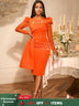 AOMEIDRESS Elegant Wedding Guest Party Dress With Beading Lace Sleeve Orange / S