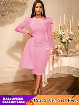 AOMEIDRESS Elegant Wedding Guest Party Dress With Beading Lace Sleeve Pink / S