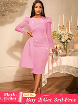 AOMEIDRESS Elegant Wedding Guest Party Dress With Beading Lace Sleeve Pink / S