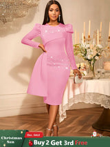AOMEIDRESS Elegant Wedding Guest Party Dress With Beading Lace Sleeve Pink / S