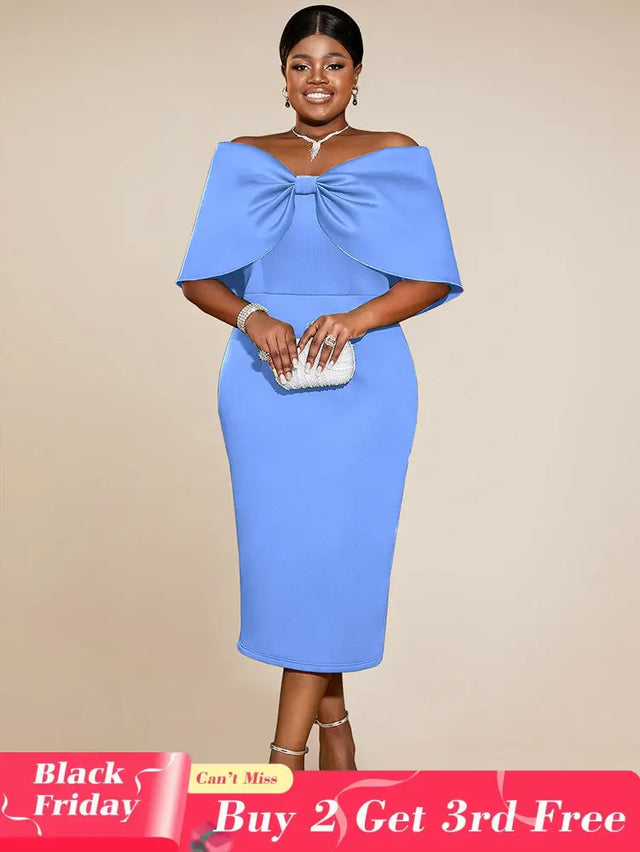 AOMEIDRESS Elegant Wedding Guests Dress Big Bow Strapless Package Hip Blue / 0XL