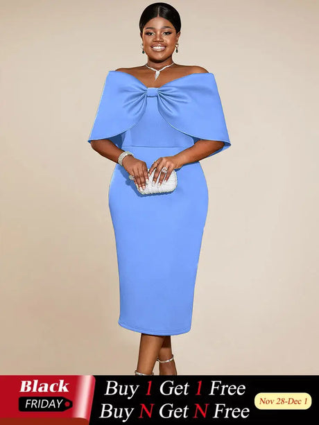 AOMEIDRESS Elegant Wedding Guests Dress Big Bow Strapless Package Hip Blue / 0XL