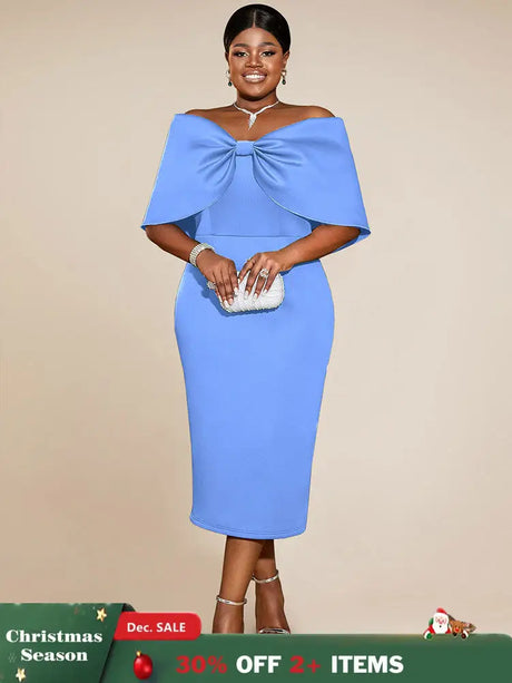 AOMEIDRESS Elegant Wedding Guests Dress Big Bow Strapless Package Hip Blue / 0XL