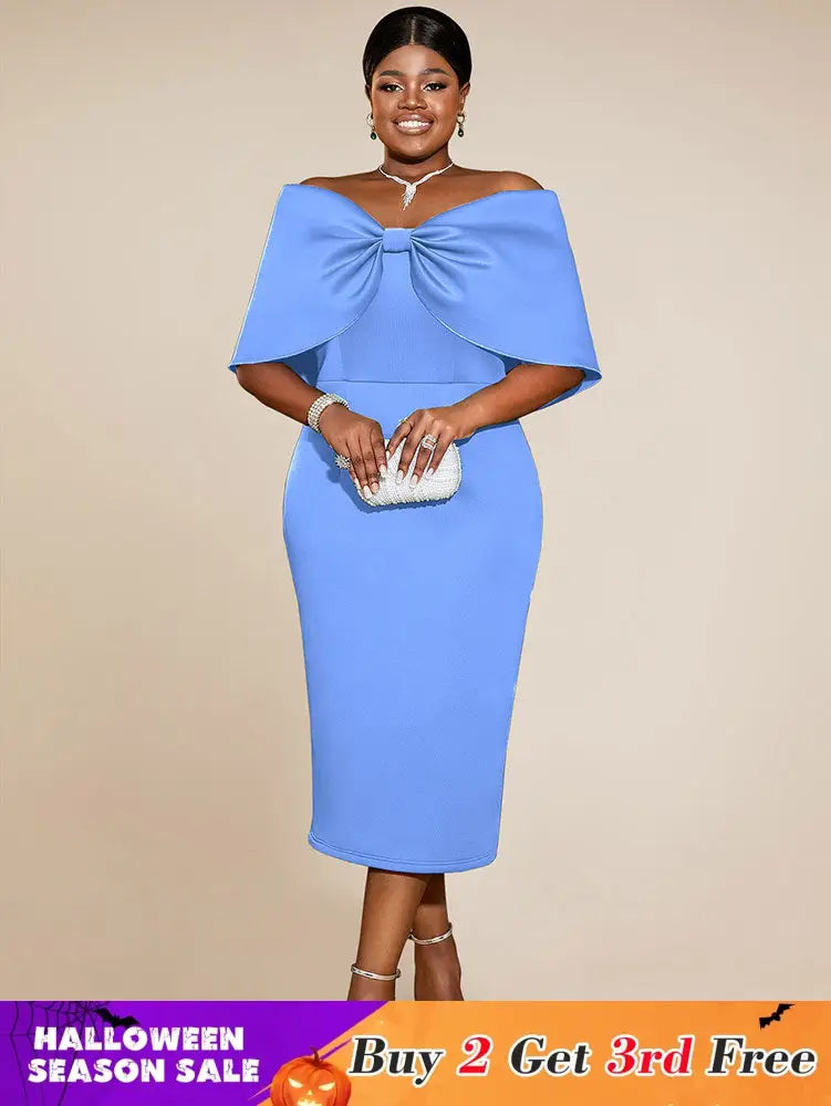 AOMEIDRESS Elegant Wedding Guests Dress Big Bow Strapless Package Hip Blue / 0XL