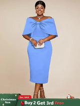 AOMEIDRESS Elegant Wedding Guests Dress Big Bow Strapless Package Hip Blue / 0XL