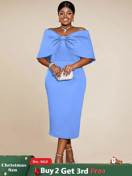 AOMEIDRESS Elegant Wedding Guests Dress Big Bow Strapless Package Hip Blue / 0XL