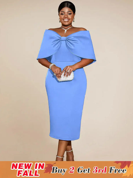 AOMEIDRESS Elegant Wedding Guests Dress Big Bow Strapless Package Hip Blue / 0XL