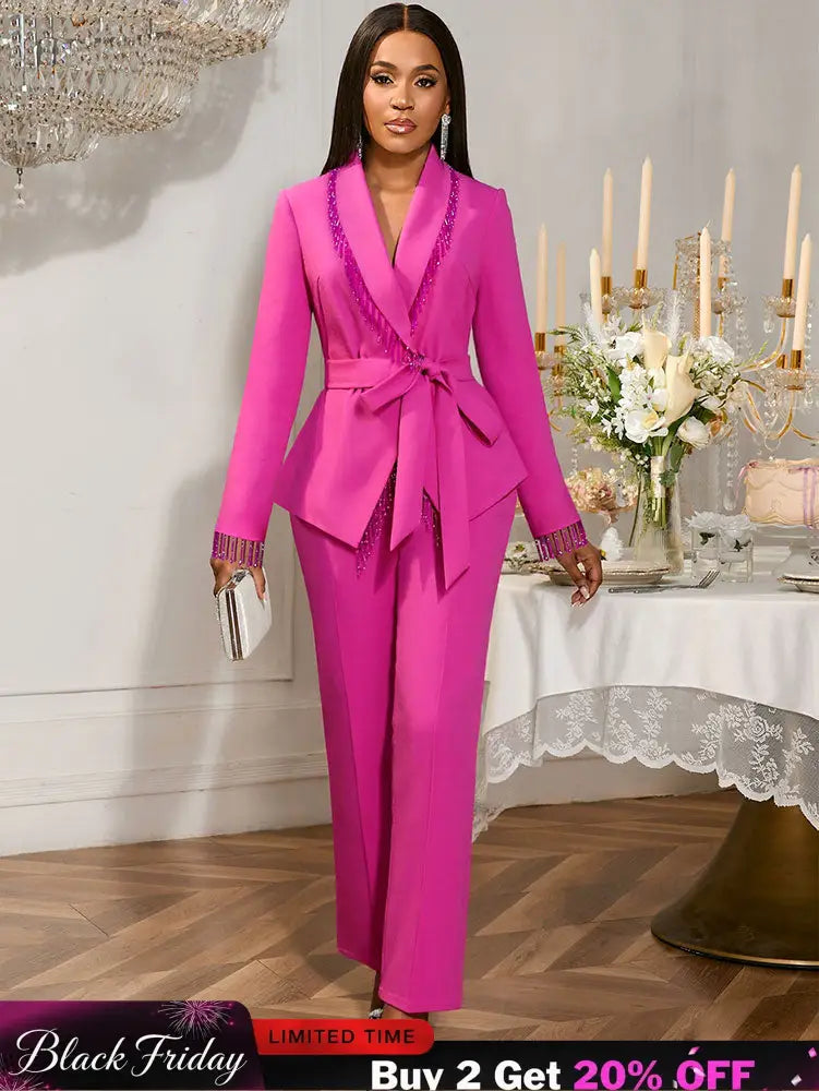 AOMEIDRESS Elegant Wedding Party Pantsuit with Tassel Waist Belt Rose / S