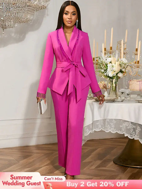 AOMEIDRESS Elegant Wedding Party Pantsuit with Tassel Waist Belt Rose / S
