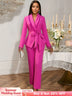 AOMEIDRESS Elegant Wedding Party Pantsuit with Tassel Waist Belt Rose / S