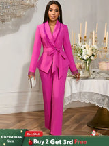 AOMEIDRESS Elegant Wedding Party Pantsuit with Tassel Waist Belt Rose / S