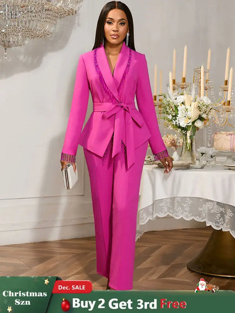 AOMEIDRESS Elegant Wedding Party Pantsuit with Tassel Waist Belt Rose / S