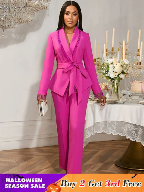 AOMEIDRESS Elegant Wedding Party Pantsuit with Tassel Waist Belt Rose / S