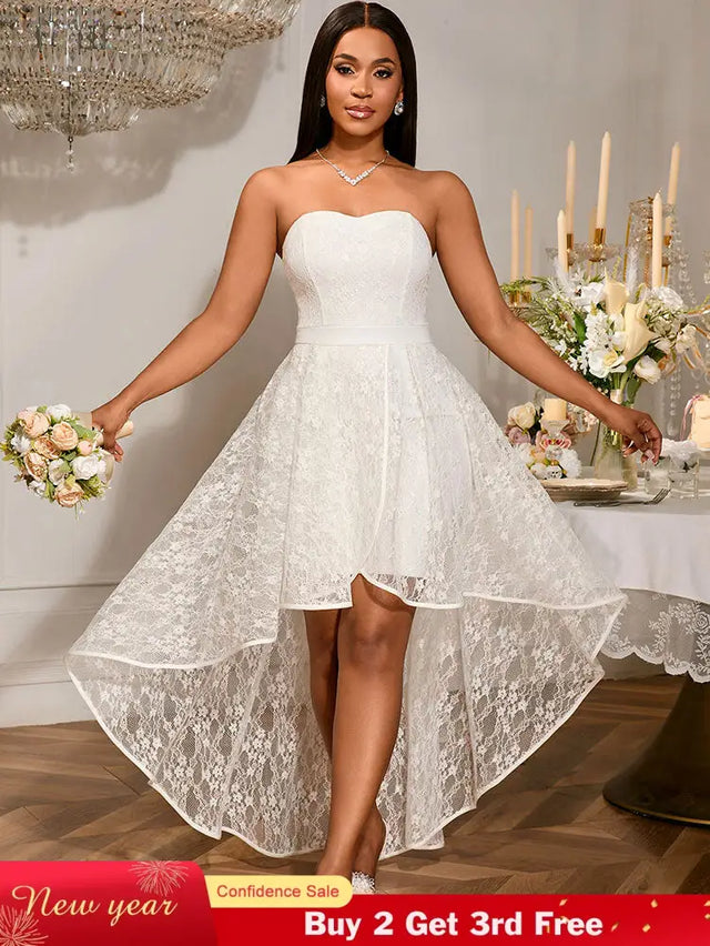 AOMEIDRESS Elegant White A Line Lace Strapless Dress For Bridal Shower White / S