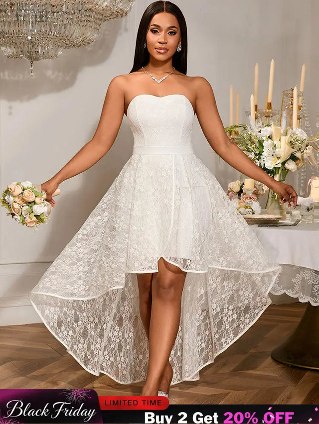 AOMEIDRESS Elegant White A Line Lace Strapless Dress For Bridal Shower White / S