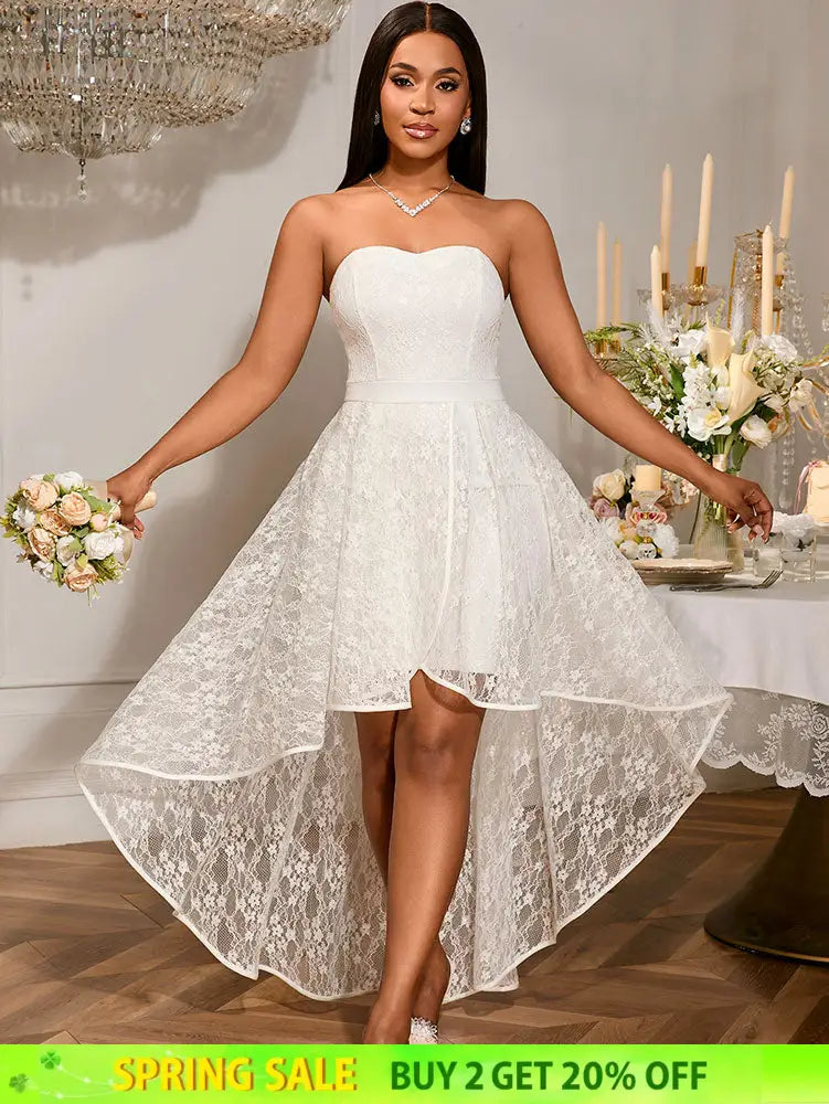 AOMEIDRESS Elegant White A Line Lace Strapless Dress For Bridal Shower White / S