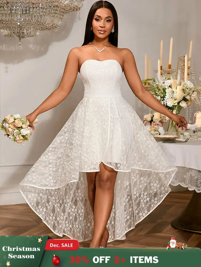 AOMEIDRESS Elegant White A Line Lace Strapless Dress For Bridal Shower White / S