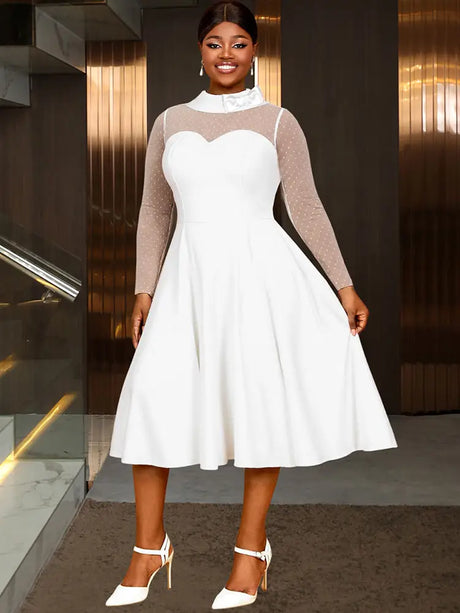 AOMEIDRESS Elegant White A Line Polka Dot Mesh Dress for Bridal Shower